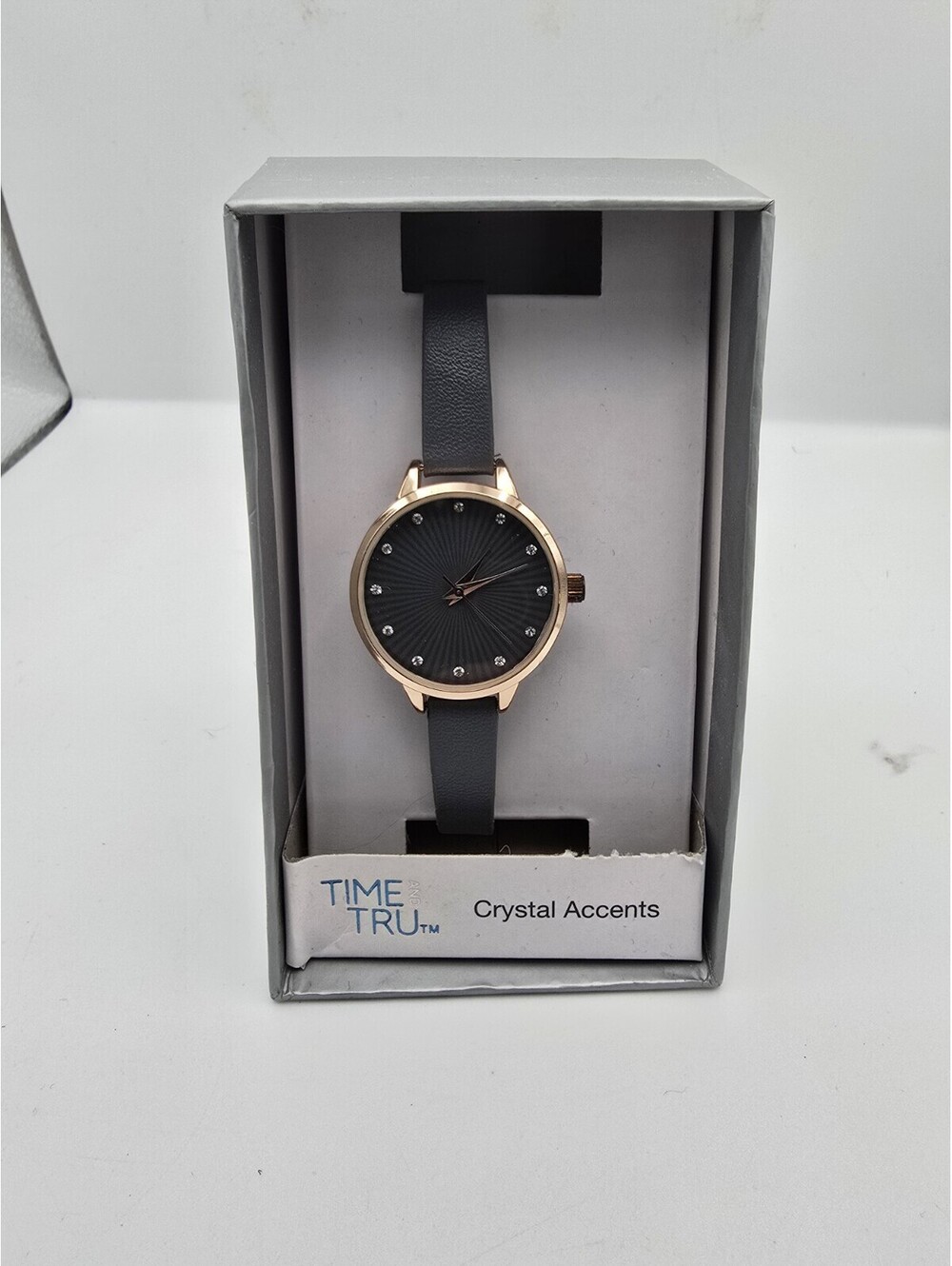 Time and Tru FMDOTT039 Ladies Crystal Accents Watch Rose Gold Tone Grey Strap